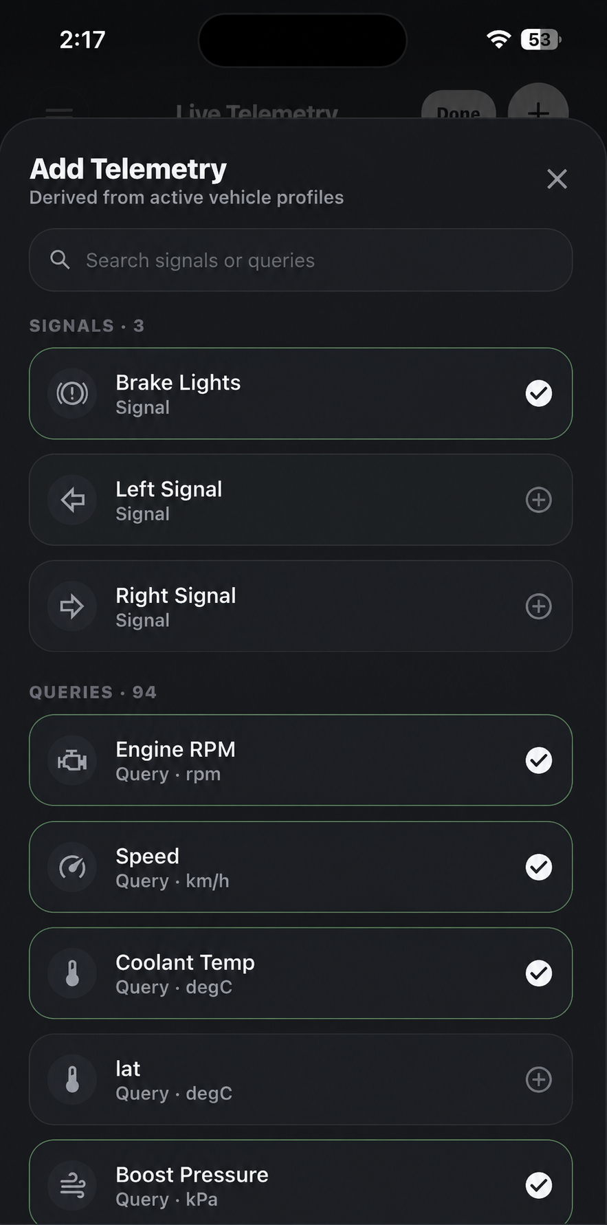 Add Telemetry screen showing selectable signals and queries, derived from active vehicle profiles