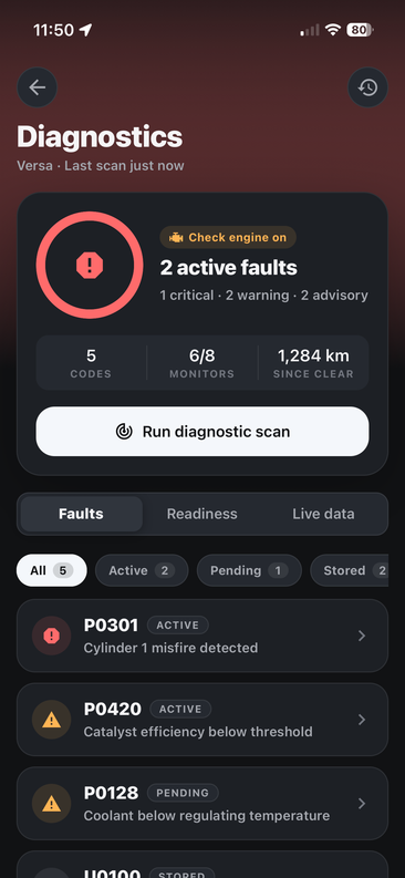 Nexus diagnostics screen showing 2 active faults including P0301 cylinder 1 misfire and P0420 catalyst efficiency