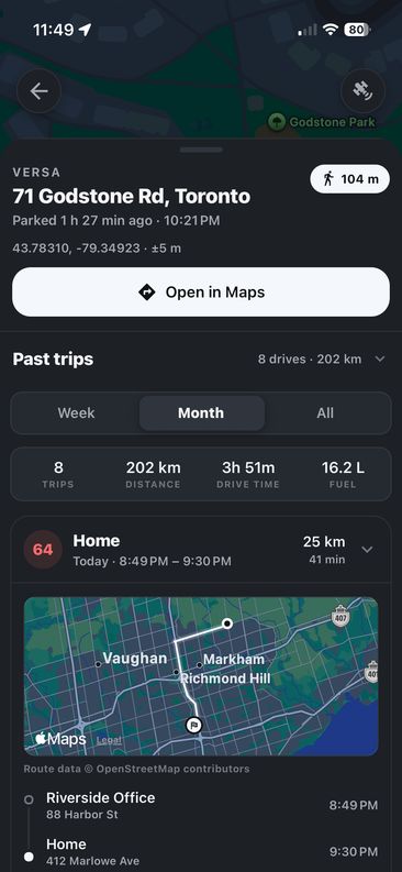 Nexus location screen showing the vehicle parked at 71 Godstone Rd, Toronto with past trips and a route map