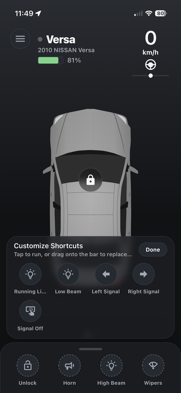 Nexus dashboard showing the vehicle live with speed, battery, and lock status