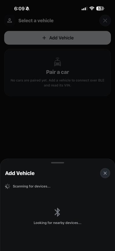 Add Vehicle screen scanning for nearby devices over Bluetooth to pair with Nexus